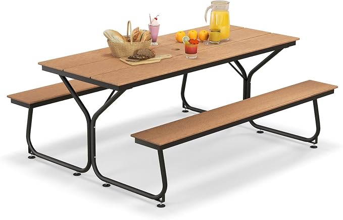 GIANTEX 6 FT Outdoor Picnic Table Bench Set for 6-8 People, 2400 LBS Capacity Patio Dining Table & 2 Benches with Metal Frame & HDPE, Balcony Conversation Set for Poolside Deck Garden (Brown)