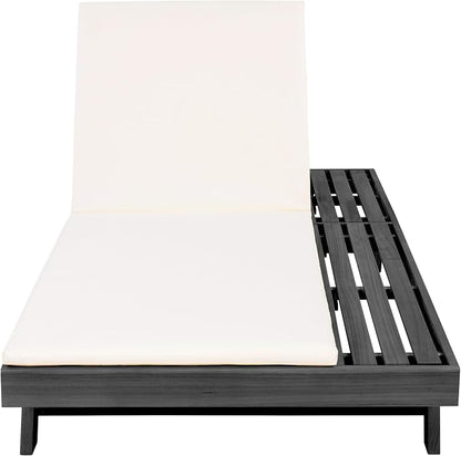 Christopher Knight Home Dami Patio Chaise Lounge Chair Outdoor with 2-Thick Cushion, Acacia Wood Poolside Sun Lounger with Space Available On One Side, Adjustable Backrest Pool Lounger, Black + Cream
