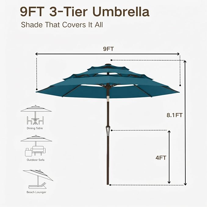 Kingdura 9ft 3-Tier Patio Umbrella, Outdoor Table Umbrella with Easy Crank & Tilt, 8 Reinforced Ribs, UV Protection for Deck, Pool, Market, Backyard (Lake blue)