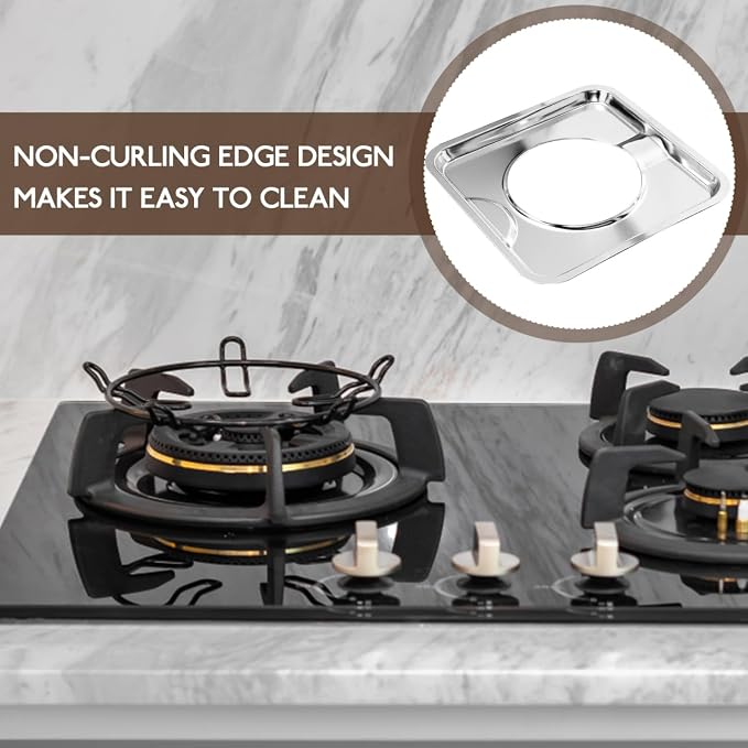 Angoily 4 Pcs Burner Covers, 7.68 Inch Stainless Steel Square WP786333, AP6011553, PS11744751 Gas Stove Burner Liner, Heavy Thick Kitchen Bib Drip Pan Top Cover Heat Resistant Replacement Pan