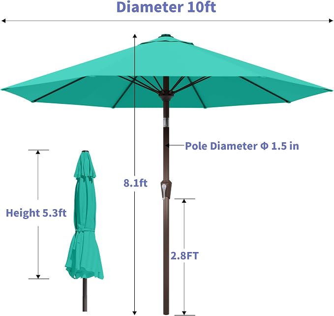 Kingdura 10FT Outdoor Patio Umbrella, Round Market Table Umbrella with Push‑Button Tilt and Crank Lift, 8 Sturdy Metal Ribs, UV50+ Protection Canopy for Backyard, Lawn, Deck, Poolside, Garden (Tiffany blue)