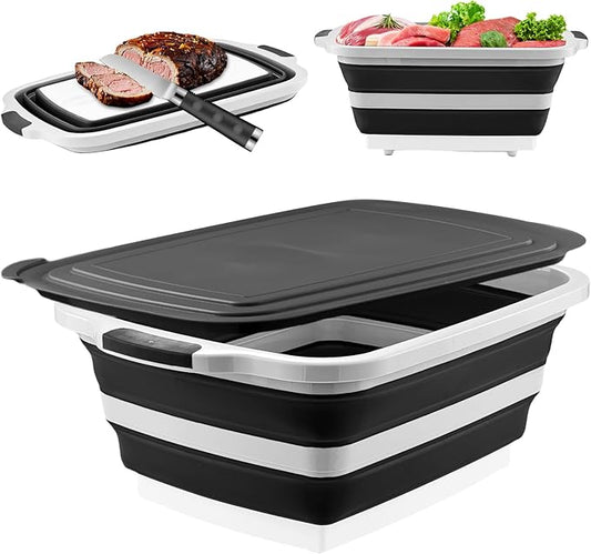 BBQ Prep Tub with Lid and Cutting Board - Collapsible Barbecue Tool Set for Marinating, Grilling, BBQ Prep Station for Outdoor Cooking, Camping Kitchen Accessories & Barbecue Utensils, XX-Large Black