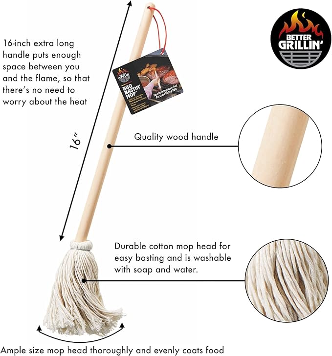 BETTER GRILLIN' BBQ Bastin Mop Basting Barbecue Brush/Mop Easily Applies Marinades, Sauces, Washes Out, 16in Handle, 4pk