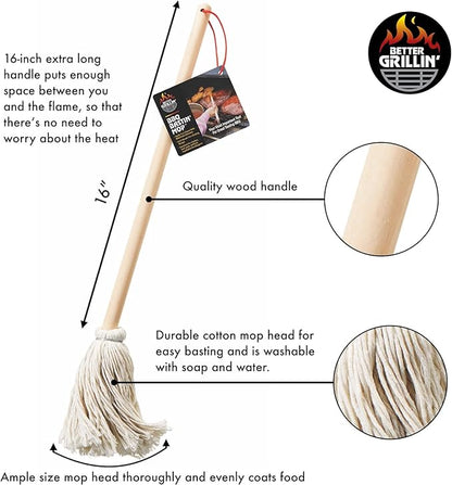 BETTER GRILLIN' BBQ Bastin Mop Basting Barbecue Brush/Mop Easily Applies Marinades, Sauces, Washes Out, 16in Handle, 4pk