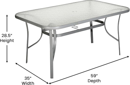 Flash Furniture Commercial Grade 35x59 in Steel Rectangular Table, Silver | Umbrella Hole, Tempered Glass