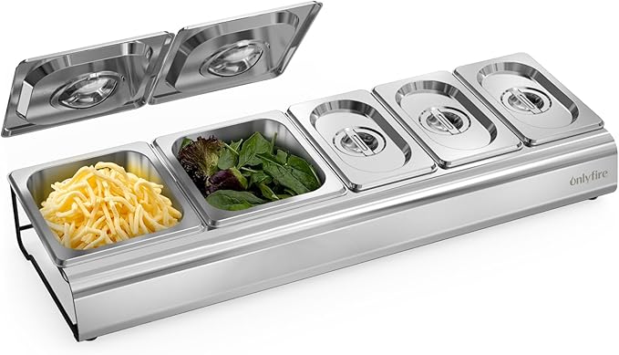 Onlyfire Pizza Topping Station, Stainless Steel Condiment Seasoning Containers with Lid and 5 Compartment Trays for Prepping Ingredients and Toppings, Pizza Oven Accessories Outdoor