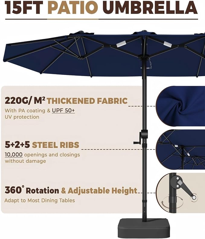 GDPFN 15ft Patio Umbrella with Base Include, Large Outdoor Double-Sided Rectangle Umbrella with Easy Crank Handle for Poolside, Garden & Deck - Navy Blue
