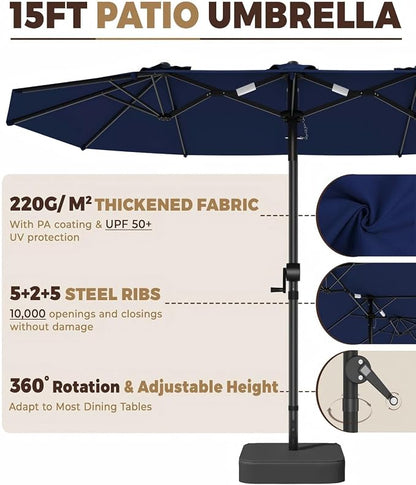 GDPFN 15ft Patio Umbrella with Base Include, Large Outdoor Double-Sided Rectangle Umbrella with Easy Crank Handle for Poolside, Garden & Deck - Navy Blue