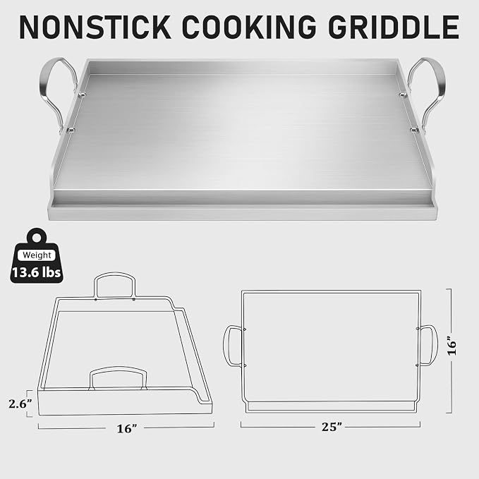 Utheer Safer Ceramic Nonstick Stainless Steel Griddle, PFAS/PFOA/PTFE-Free | BBQ camping and stovetop cooking, ceramic surface releases food, 25 x 16 plate works on grill oven and cooktop