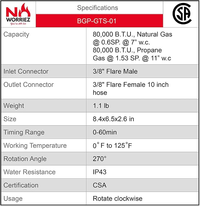 NO WORRIEZ Safety Auto Shut-Off Gas Timer for Propane & Natural Gas | Outdoor Grill, Fire Pit, Pizza Oven | – 100,000 BTU w/ 3/8" Flared Assembly Connector & Hose, Patent Pending | 80,000 BTU, Fits Outdoor Grill, Fire Pit, Pizza Oven, BBQ, Smoker, Turk...