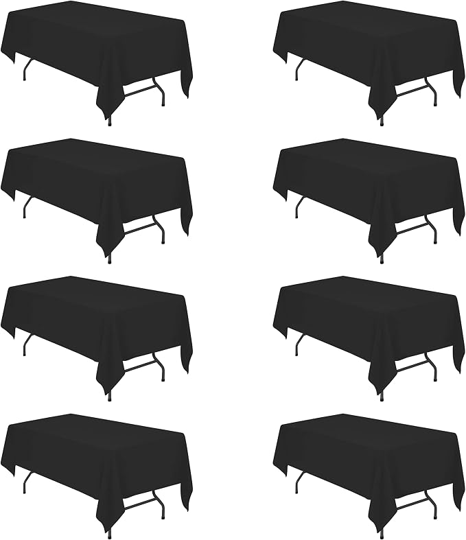 BRILLMAX 8 Pack Black Tablecloths 60x102 Inch for 6ft Rectangle Tables | 150 GSM Polyester Fabric, 15" Standard Drop, Water, Stain & Wrinkle Resistant Cloth Cover for Wedding Reception Banquet Party