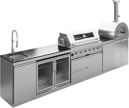 147-Inch Stainless Steel Outdoor Kitchen Island,Natural Gas BBQ Grill with Pizza Oven,Rotisserie,Double Door Refrigerator,Granite Countertop,Storage Cabinets & Drawers 120,000 BTU.
