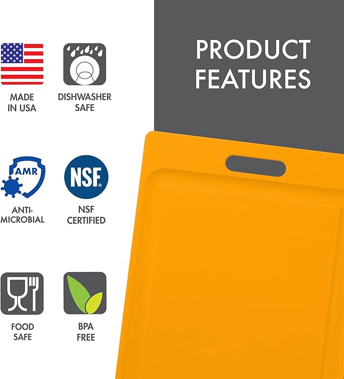 Dexas NSF Certified Polysafe Cutting Board with Handle and Juice Well, 12 x 18 inches, Reversible Kitchen Cutting Board, Yellow