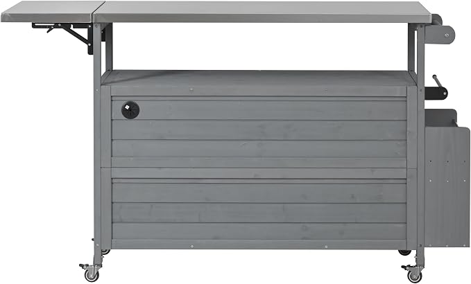 JIVOIT Outdoor Fir Wood Kitchen Island with Foldable Stainless Steel Top, Patio Mobile Kitchen Cart Portable Outdoor Cooking Island with Lockable Wheels, Storage Cabinet and Towel Rack (Gray/124)