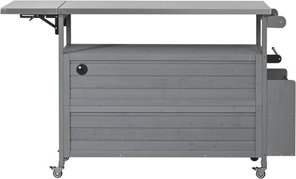 JIVOIT Outdoor Fir Wood Kitchen Island with Foldable Stainless Steel Top, Patio Mobile Kitchen Cart Portable Outdoor Cooking Island with Lockable Wheels, Storage Cabinet and Towel Rack (Gray/124)