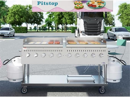 Pemberly Row 72" Stainless Steel Commercial Outdoor Propane Grill – 10 Burners, Dual Griddles, Heavy Duty BBQ Gas Grill