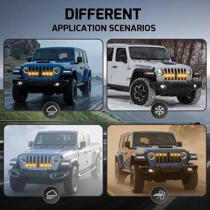 6 in 1 Grill Lights Fit for Jeep Wrangler 2018-2023, IP68 Waterproof Front Bumper Grille Light Daytime Running Light LED Runing Marker Lamp Accessories(Amber)