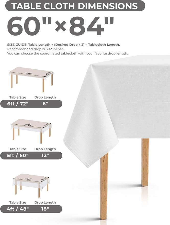 Decorelia Washable White Table Cloths for 4 Ft Rectangle Tables-4 Pack, Washable Polyester Rustic Faux Linen Rectangular Table Cloth Cover for Wedding,Outdoor,Events, Party,Banquet,Dining, 60x84 Inch