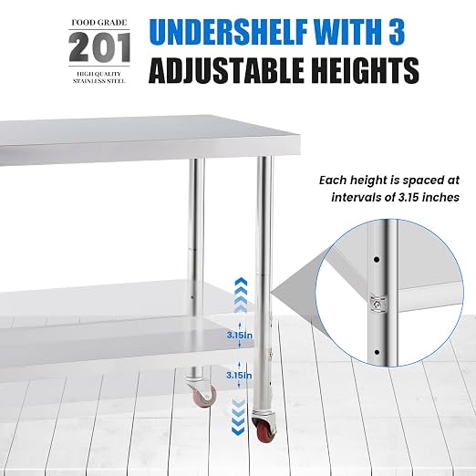 KUARBARR Stainless Steel Table for Prep & Work with 4 Caster Wheels with Undershelf 24 x 36 NSF Metal Commercial Kitchen Adjustable Undershelf Worktable for Restaurant Home Outdoor