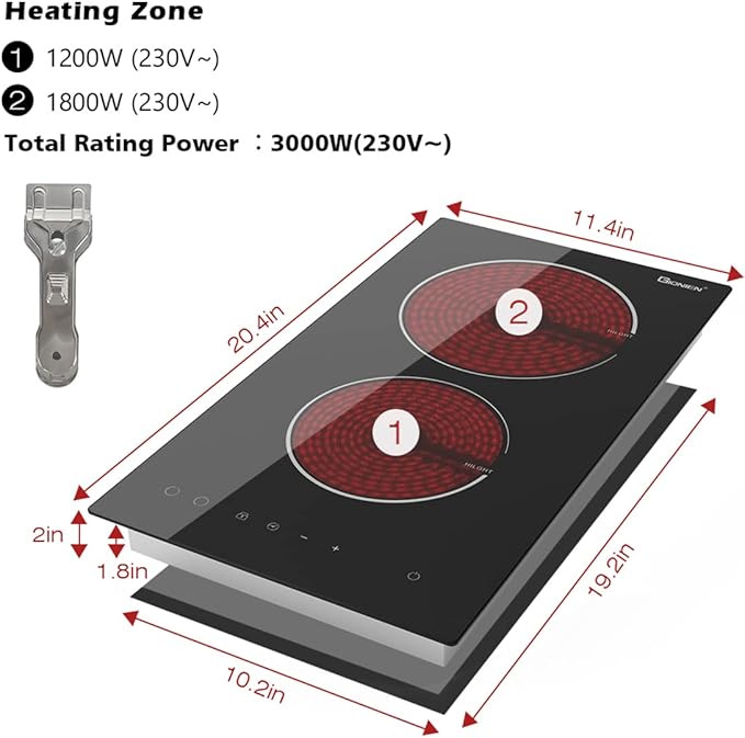 Electric Cooktop 2 Burners 220V~240V, Built-in 12 Inch Ceramic Burners, Double Glass Stove Top, Apartment Size Electric Radiant Cooktop with Hard Wire,3000W,No Plug