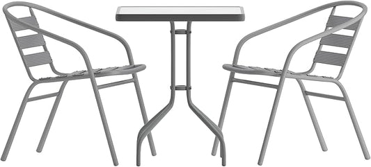Flash Furniture TLH-0731SQ-017CSV2-GG Lila 23.5'' Square Glass Table with 2 Metal Aluminum Slat Stack Chairs, Silver