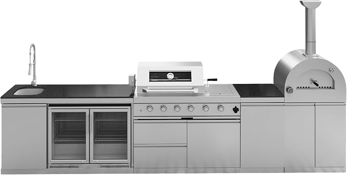 150-inch Stainless Steel Outdoor Kitchen Island,Propane BBQ Grill with Pizza Oven,Rotisserie,Double Door Refrigerator,Granite Countertop,Storage Cabinets & Drawers 108,000 BTU.