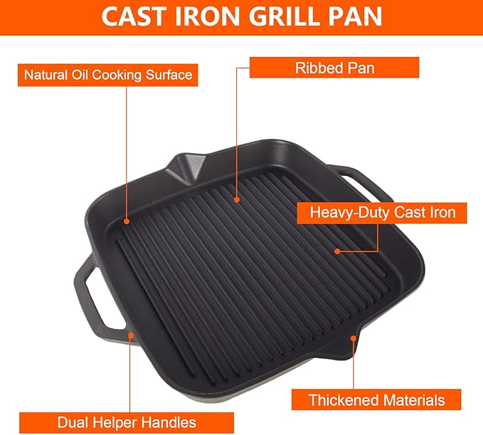 11" Cast Iron Square Grill Pan, Professional Pre-Seasoned Griddle with Handles, Heavy Duty Cooking Skillet, Induction Compatible, Suitable for Stovetop, Oven, BBQ & Fire, Indoor Outdoor Use