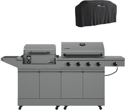 Tytus Anaheim 4-Burner Gas Grill with Prep Cart and Pellet Smoker Grill + Cover - Modular Outdoor Kitchen, Quick Assembly, Outdoor Cooking, Kitchen Island for BBQ