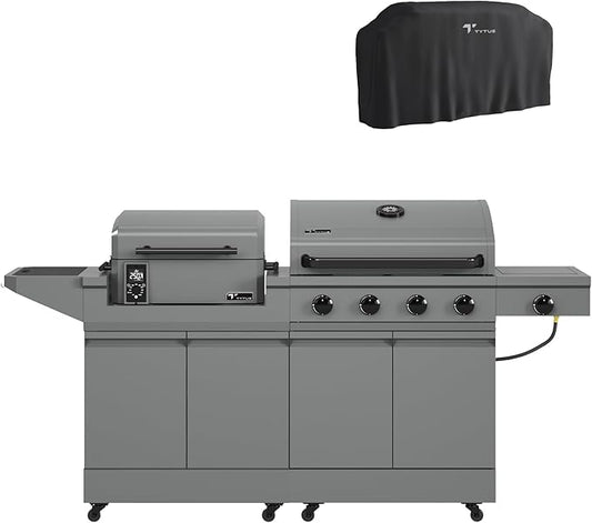Tytus Anaheim 4-Burner Gas Grill with Prep Cart and Pellet Smoker Grill + Cover - Modular Outdoor Kitchen, Quick Assembly, Outdoor Cooking, Kitchen Island for BBQ