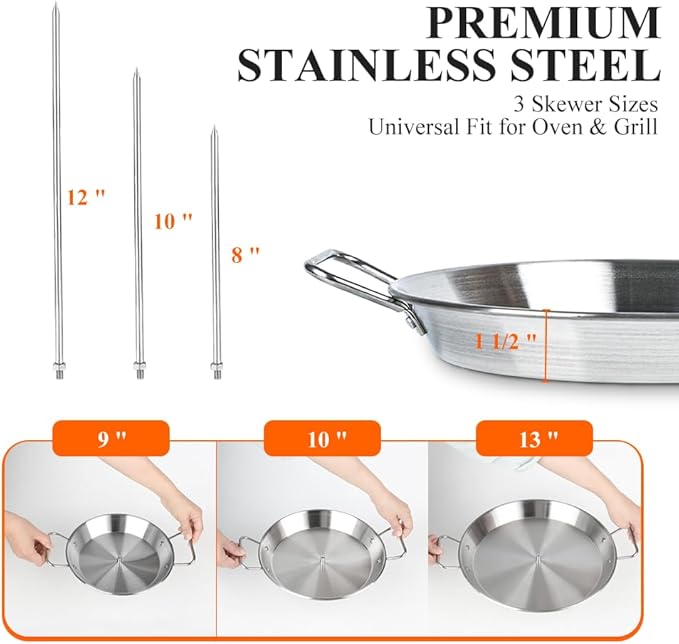Stainless Steel Vertical Skewer Spit Stand for Grill and Oven with 3 Removable Spikes (8/10/12 inch) - Al Pastor Shawarma Gyro Kebabs Kit Includes Brushes