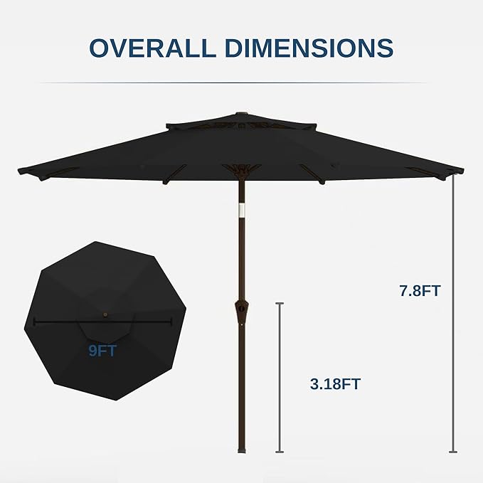 9ft 2-Tiers Patio Umbrella,Outdoor Market Table Umbrella with Push-Button Tilt & Crank | UV Protection,Suit for Backyard,Garden,Pool,Deck(Black)