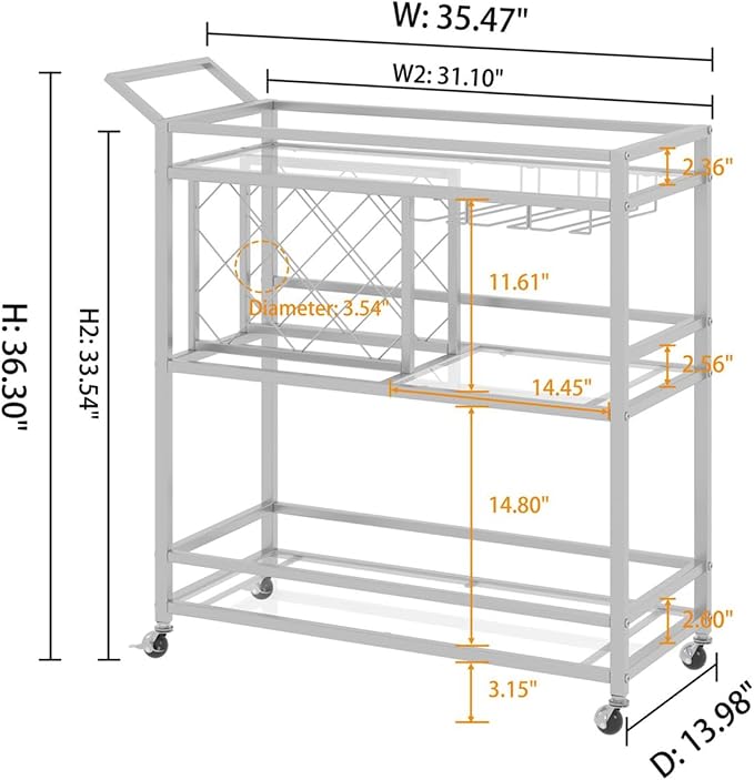 Bar Cart Silver, Bar Carts for The Home, Home Bar Serving Carts for Liquor, Rolling Wine Cart with 3 Tier Mirrored Shelves on Wheels for Alcohol and Beverage (Silver)