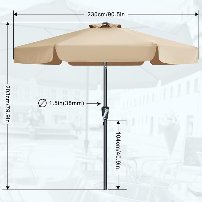 MASTERCANOPY 7.5ft Patio Umbrella with Valance, Crank & Tilt, Tan | 6 ribs, UV/fade-resist, waterproof, vent, for garden/deck/yard/pool
