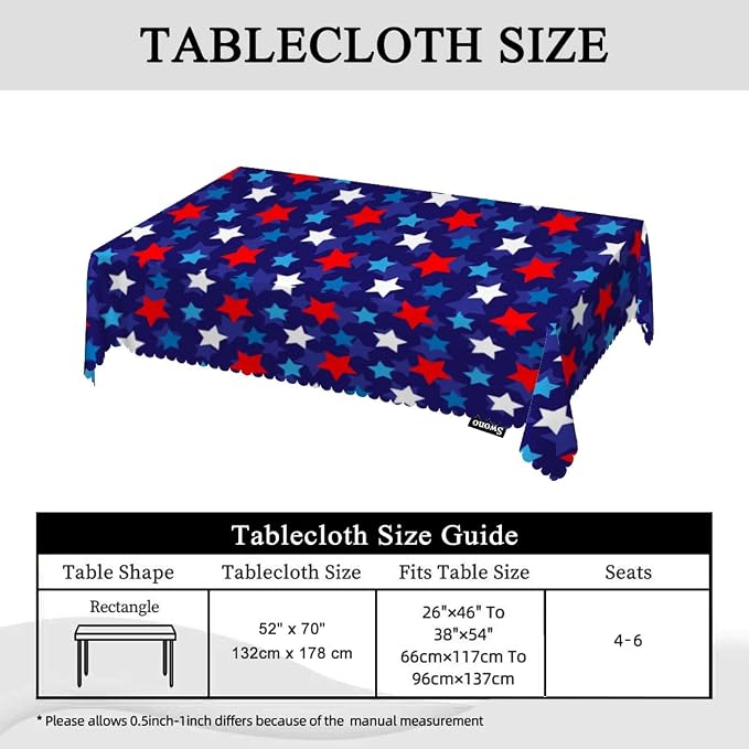 Swono 52x70 Inch Stars Tablecloth Patriotic American Flag Stars Confetti Farmhouse Dining Table Cloth Anti-Stain Talking Table Cover for Kitchen Dinning Room Coffee Store, Blue Red