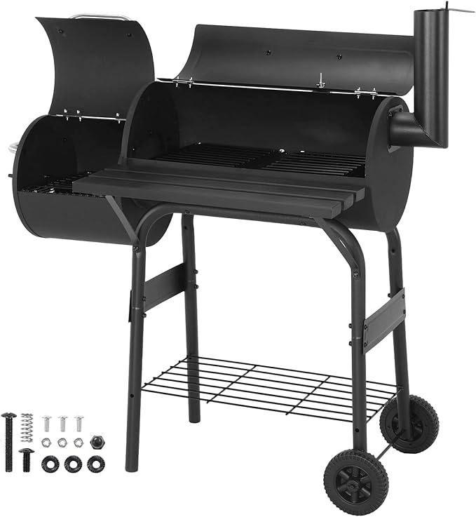 Offset Smoker Charcoal Grill 192 Sq. In. Cooking Space Spacious Barrel Charcoal BBQ Grill for Patio Picnics Camping Backyard Cooking