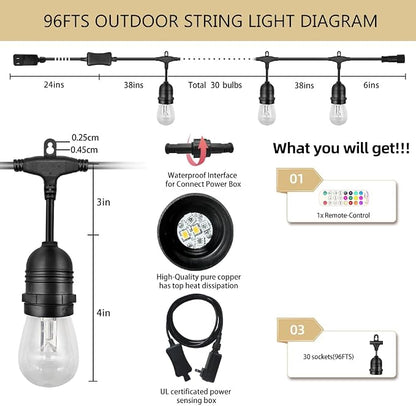 GANA Outdoor String Lights, Patio Lights 96FT Music Flash RGBW Colourful, Safe 12V Low Voltage LED Shatterproof Bulbs Connectable, Heavy Duty Wire IP65 Waterproof Level, for Courtyards Bistro
