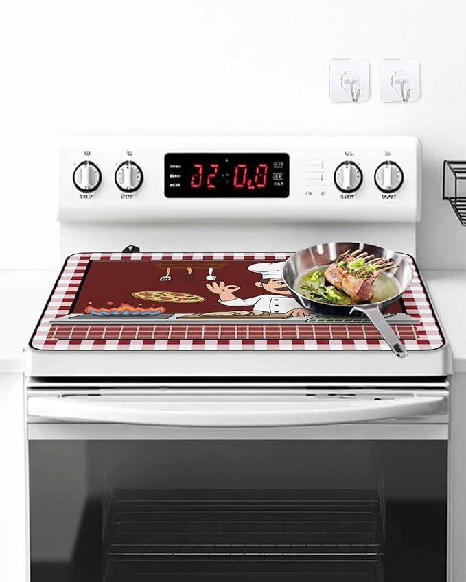 Stove Top Covers for Electric Stove 24x21 Inches, Ok Gourmet Cooking HeatResistant Glass Cooktop Protector, Funny Chef Kitchen Knife Fork Red Plaid Ceramic Stovetop Countertop Covers Mat, Oven Cover