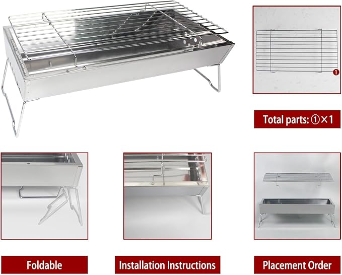Portable Stainless Steel Grill, Home Charcoal Grill and Outdoor Folding Grill, Perfect for Traveling, Outdoor Cooking and BBQ, Camping, Picnics.