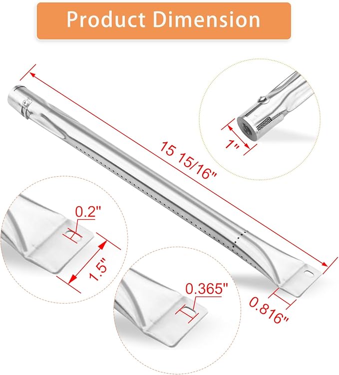 Grill Burner Tube, 4 PC Universal Stainless Steel Pipe Tube BBQ Gas Repair Parts Kits for Brinkmann, Charmglow, Uniflame and Outdoor Gourmet Grill Models, Grill Replacement for CTB3, 15 15/16"