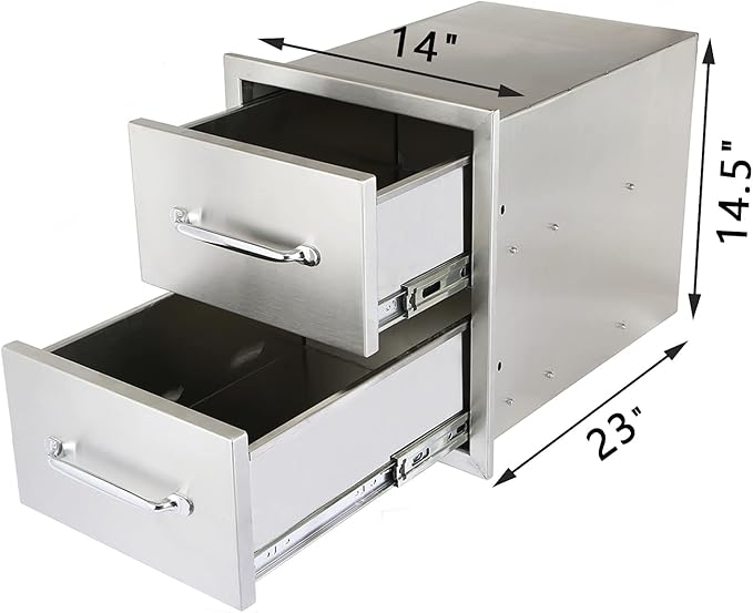 Ryan Stainless Outdoor Kitchen Drawers 14x14.5x23 Inch, 2-Tier Stainless Steel BBQ Double Access Drawers with Handle for Outdoor BBQ Island