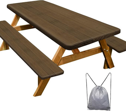 Picnic Table Cover Bench Covers Camping Essentials Tablecloth | Waterproof Vinyl for Outdoor, Windproof Elastic Fitted Edges, RV BBQ Accessories Must Haves, Storage Bag Included