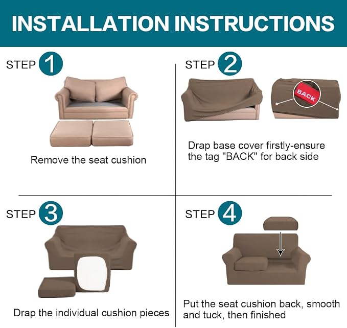 Turquoize 3 Piece Sofa Covers for 2 Cushion Couch Sofa Slipcover Soft Couch Cover for Dogs-Washable Sofa Furniture Cover with 2 Individual Cushion Covers, Feature Fabric (2 Cushion Sofa, Macchiato)