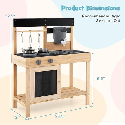 HONEY JOY Fir Wood Outdoor Play Kitchen for Toddlers, Realistic Faucet & Water Tank, Stoves, Sink, Storage Shelf, Outside Kitchen Playset, Mud Kitchen for Kids Outdoor Backyard