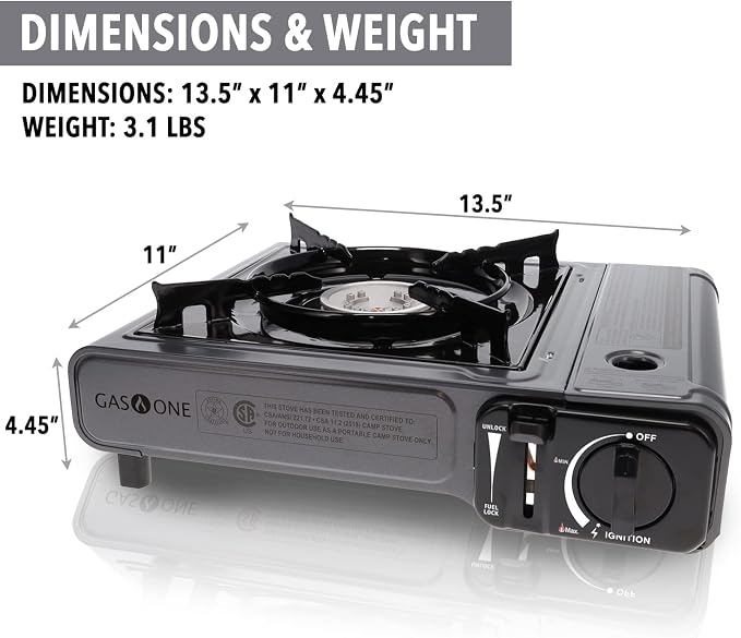 GasOne Portable Butane Camping Stove with Case + 4 Fuel Canister Catridge: Automatic Ignition, Precise Heat Control - Camping & Tailgating and Outdoor Cooking