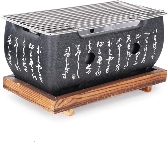Aluminum Japanese Tabletop Shichirin Konro Charcoal Grill With Wire Mesh Grill and Wooden Base Hibachi Style Yakiniku Grill (9.5 inch Rectangular)