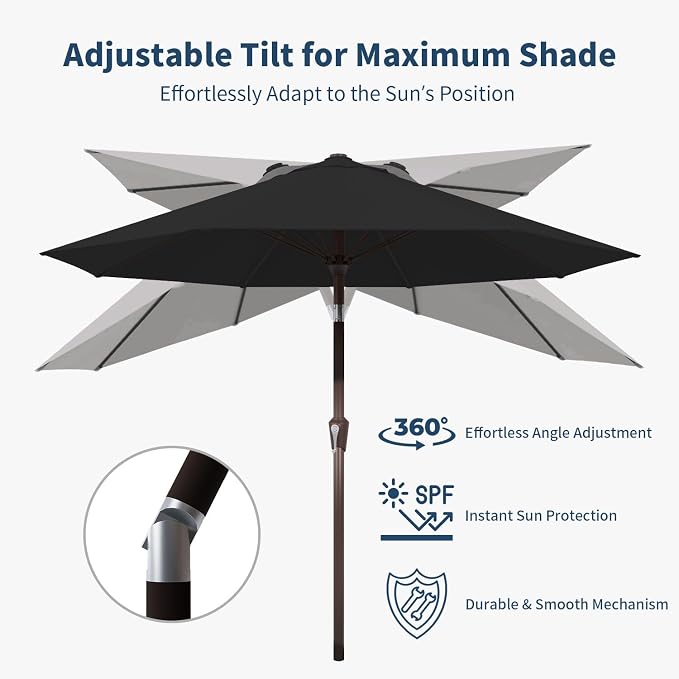 9FT Patio Umbrella Outdoor Table Umbrella w/Push Button Tilt and Crank, 8 Sturdy Ribs, UV Resistant Waterproof Market Umbrella for Pool, Deck, Backyard, Garden, Black