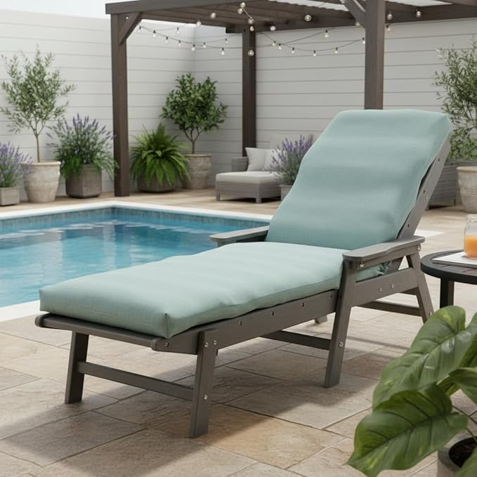 Modern Outdoor Chaise Lounge Cushion with Ties – Durable Polyester Fabric, Channel-Filled Polyfiber Insert, Removable Zippered Cover, Seaglass