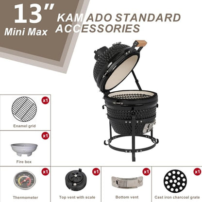 13in Round Ceramic Grill, Kamado BBQ Charcoal Grill, Portable Barbecue Grill with Thermometer for Variations on Cooking Methods, Low Stand and Side Handles, Black