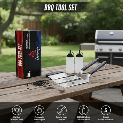 Blackstone Griddle Tools Set with Silicone Grease Tray – Heavy-Duty Stainless Steel Spatulas & Scraper + Drip Pan for Blackstone/Camp Chef – 6-Piece BBQ & Camping Cooking Kit