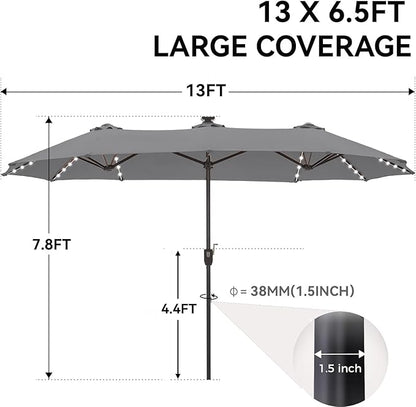 GREEN PARTY 13ft Outdoor Patio Umbrella with Solar Lights, 120 LED 12-Mode Large Double Sided Rectangular Table Umbrella, Heavy Duty Triple-Head Shade for Backyard Deck & Poolside, Gray(No Base)